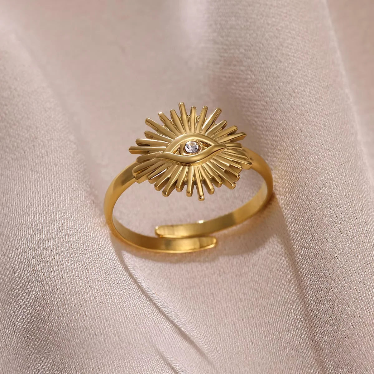 Edelstahl Kleine Zirkonringe für Frauen Exquisiter Goldfarbener Sonnen-Doppelring Punk Hip-Hop Accessoire Bague Schmuckgeschenk