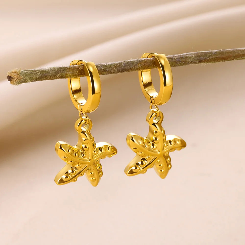 Pendientes de aro de estrella de mar de agua dulce con concha para mujer, elegantes, de acero inoxidable, color dorado, Aretes, accesorios de joyería de Navidad