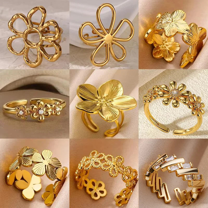 Edelstahl Übertrieben Große Blumenringe Für Frauen Gold Farbe Sonnenblume Fingerring Weiblich Mode Ästhetischer Schmuck Geschenk