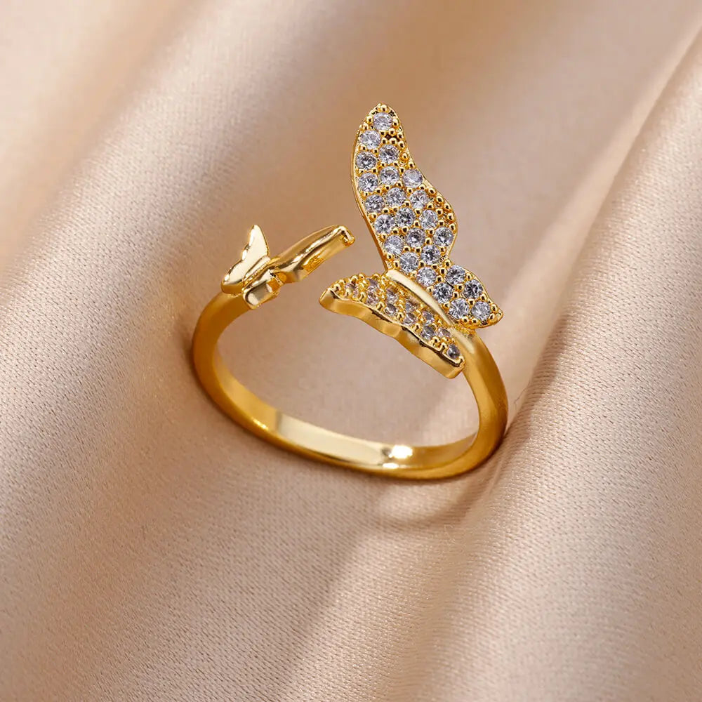 Mode Luxus Zirkon Schmetterlingsringe für Damen Edelstahl Offener Fingerring Trendiger Hochzeitsfeier Ästhetischer Schmuck Geschenk