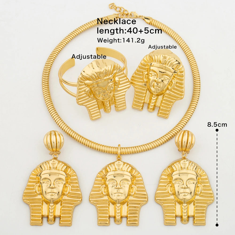 Goldfarbenes großes Schmuckset für Damen Menschliches Design Ohrringe Halskette Dubai Afrikanisches Armband Ring Hochzeitsbrautgeschenk