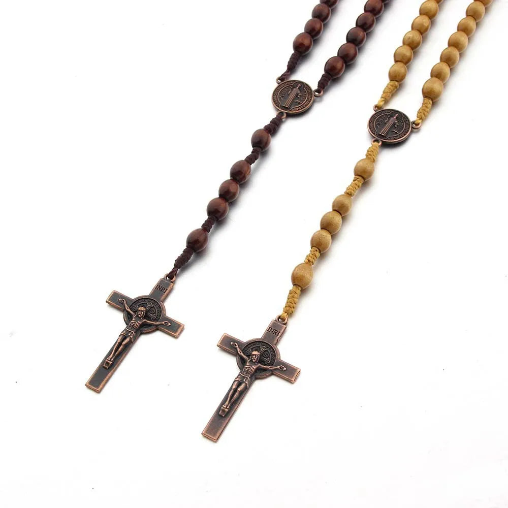 Handgemachte Rosenkranz-Halskette aus Holzperlen für Damen und Herren, Kruzifix-Kreuz-Anhänger, lange geflochtene Seilkette, religiöser Gebetsschmuck
