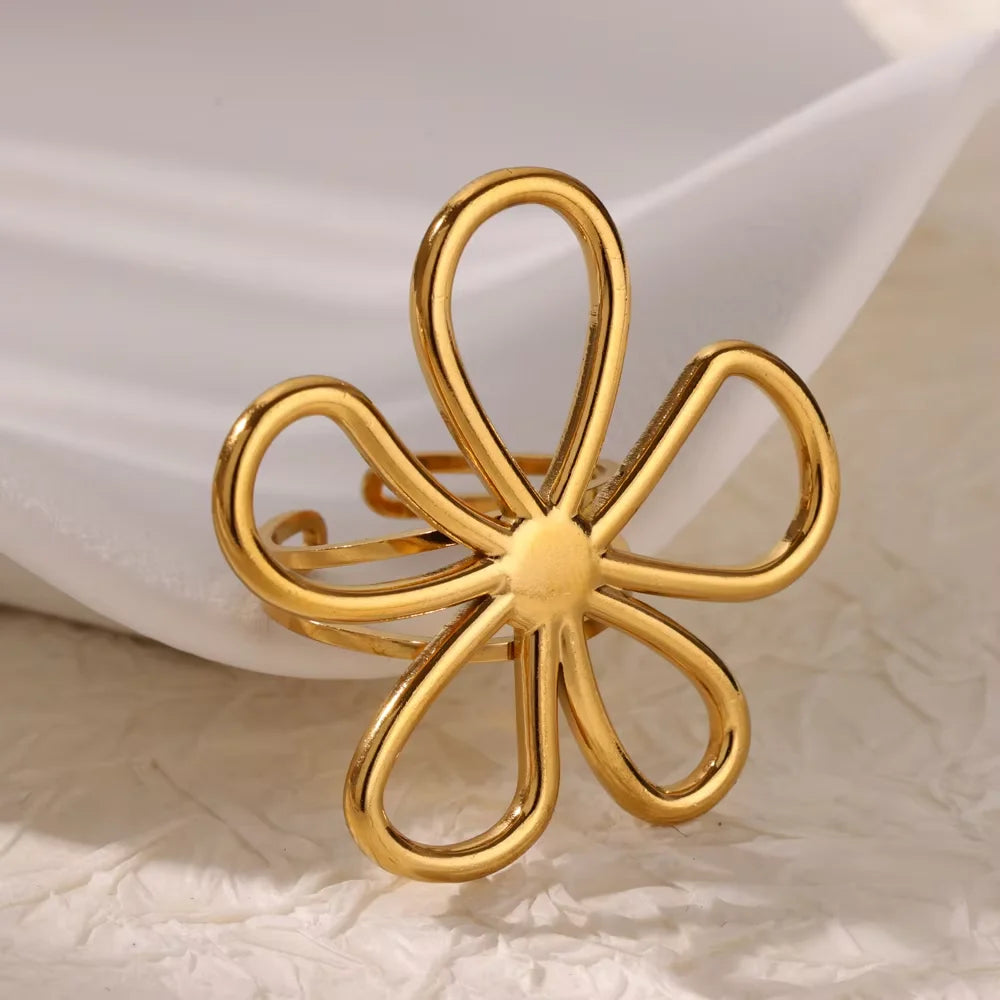 Elegante Edelstahl Big Bloom Blumenringe für Frauen Goldfarbe Sonne Seestern Offener Ring Fingerschmuck Hochzeit Ihr Geschenk Punk