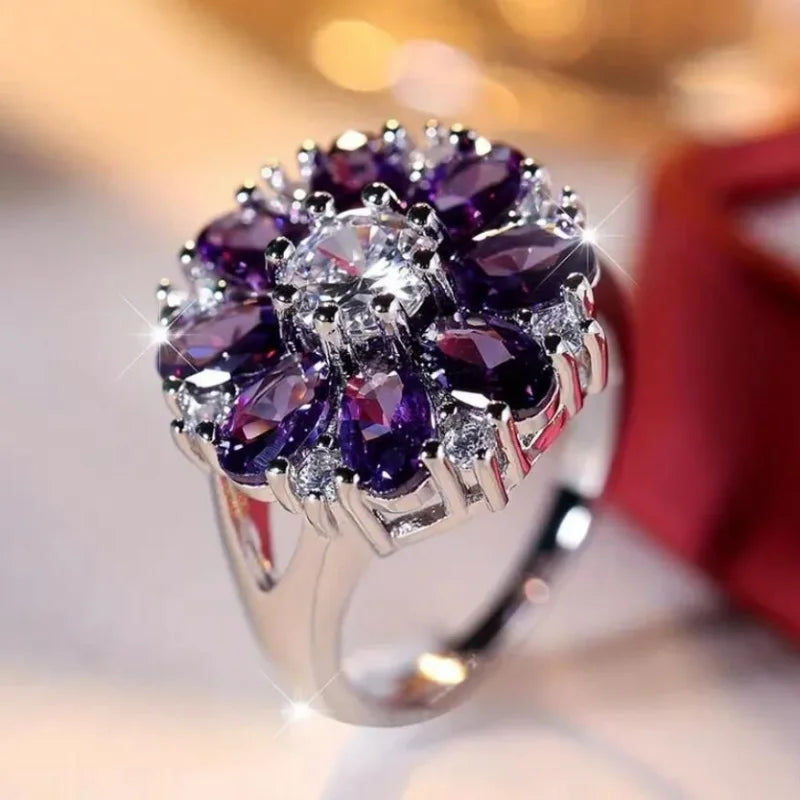 Fashion Elegant Flower Shape Purple Color Zircon Ring For Women Fashion Rings Accessories Custom Jewelry