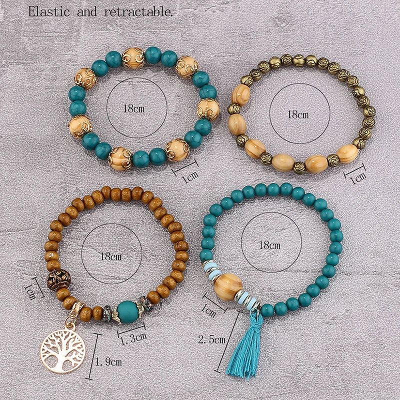 Boho Lebensbaum-Armband-Set für Frauen, modische Quasten, Charms, Holzperlen, elastische Kette, Armreif, trendiger Party-Schmuck für Mädchen