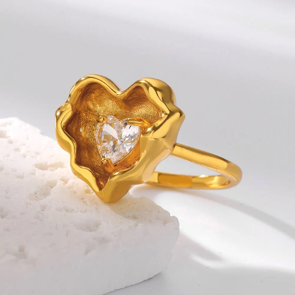 Gold Color Stainless Steel Geometric Rings for Women Zircon Heart Sun Moon Open Ring Fashion Aesthetic Jewelry Wedding Gift