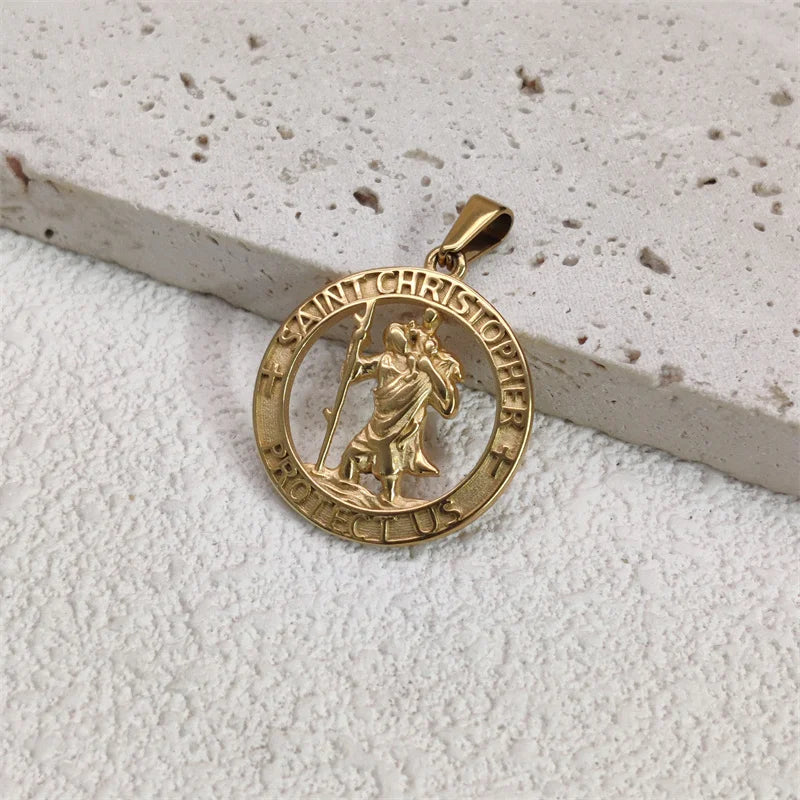 Venta caliente Religioso 18K chapado en oro San Cristóbal Collar de acero inoxidable con colgante para hombres mujeres regalo de joyería