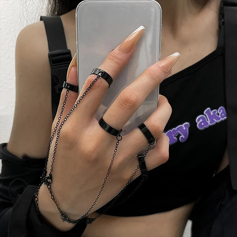 Punk Geometrische Schwarze Farbe Kette Armband Ring Für Frauen Männer Offener Ring Silber Gliederkette Mädchen Cooles Design Modeschmuck