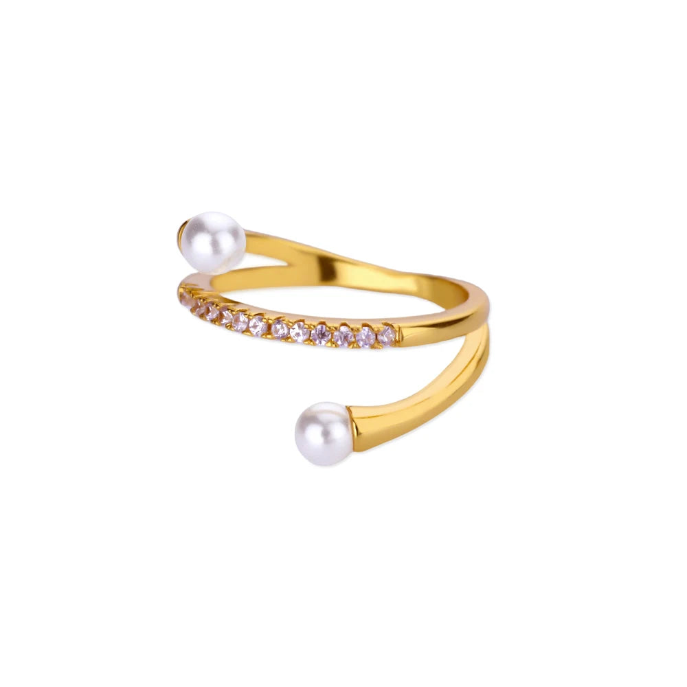 Layered Zircon Imitation Pearl Ring For Women Stainless Steel Gold Color Ring 2025 New Trend Fashion Wedding Couple Jewelry Gift