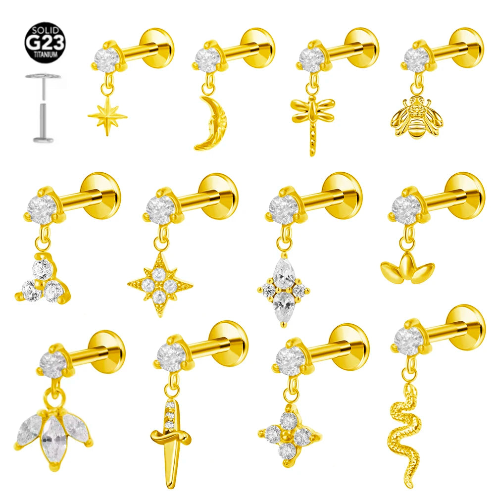 Pendientes de labret con flor, luna y estrella de titanio G23 ASTM F136, perforación sin rosca para el trago, joyería corporal con parte trasera plana