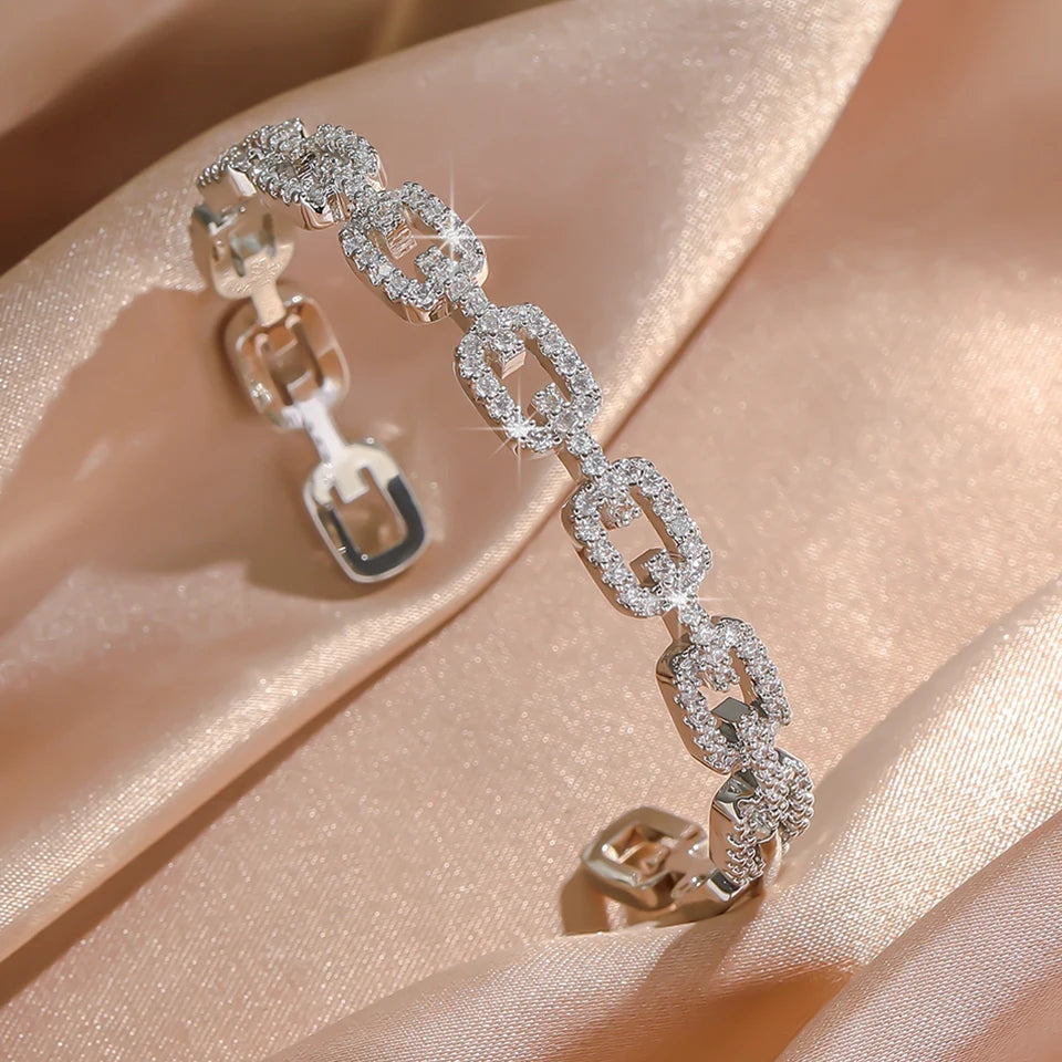 Yupsk Shiny Zircon Hollow Rectangle Link Cuff Bangle Bracelet for Women Luxury Wedding Party Jewelry Women's Gift