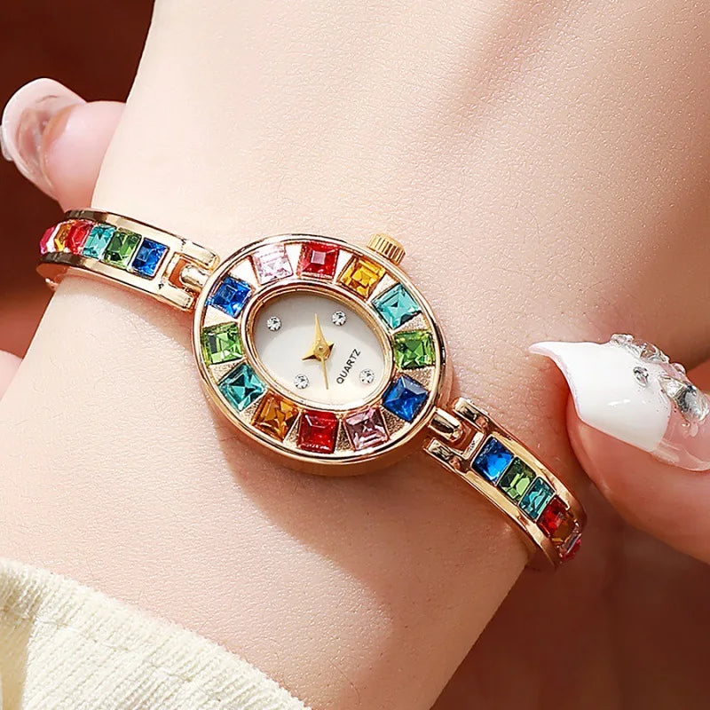 Dropshipping Damen-Quarzuhren Neue Mode-Regenbogen-Strass-Armband Ovale Zifferblatt-Armbanduhr Großhandel Armbanduhren Reloj