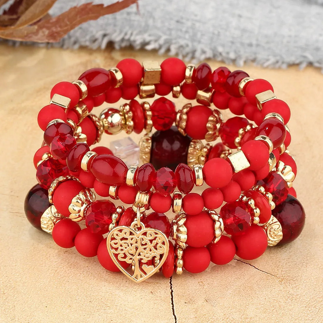 4 Stück Lebensbaum Herz Armband Set Für Frauen Acryl Glasperlen Kette Elastisches Armband Weibliche Mode Party Schmuck