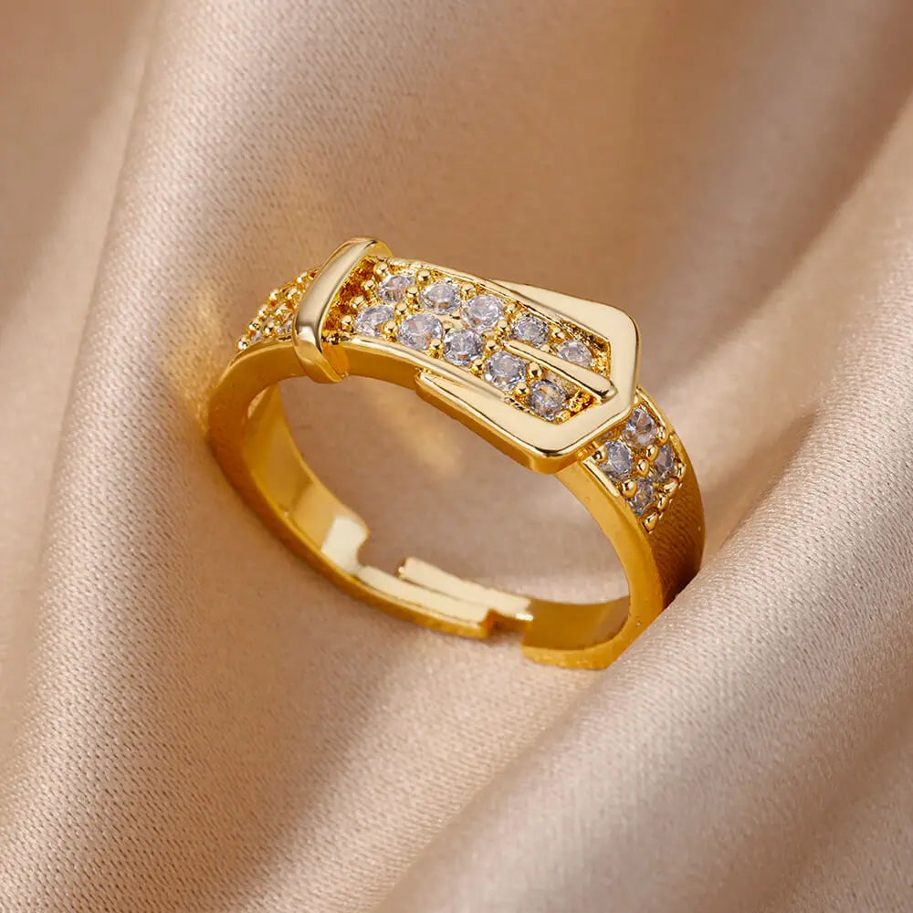 Anillos de cinturón de acero inoxidable para mujer, anillos de dedo de cinturón ajustables de circonita, joyería geométrica estética de boda, regalo