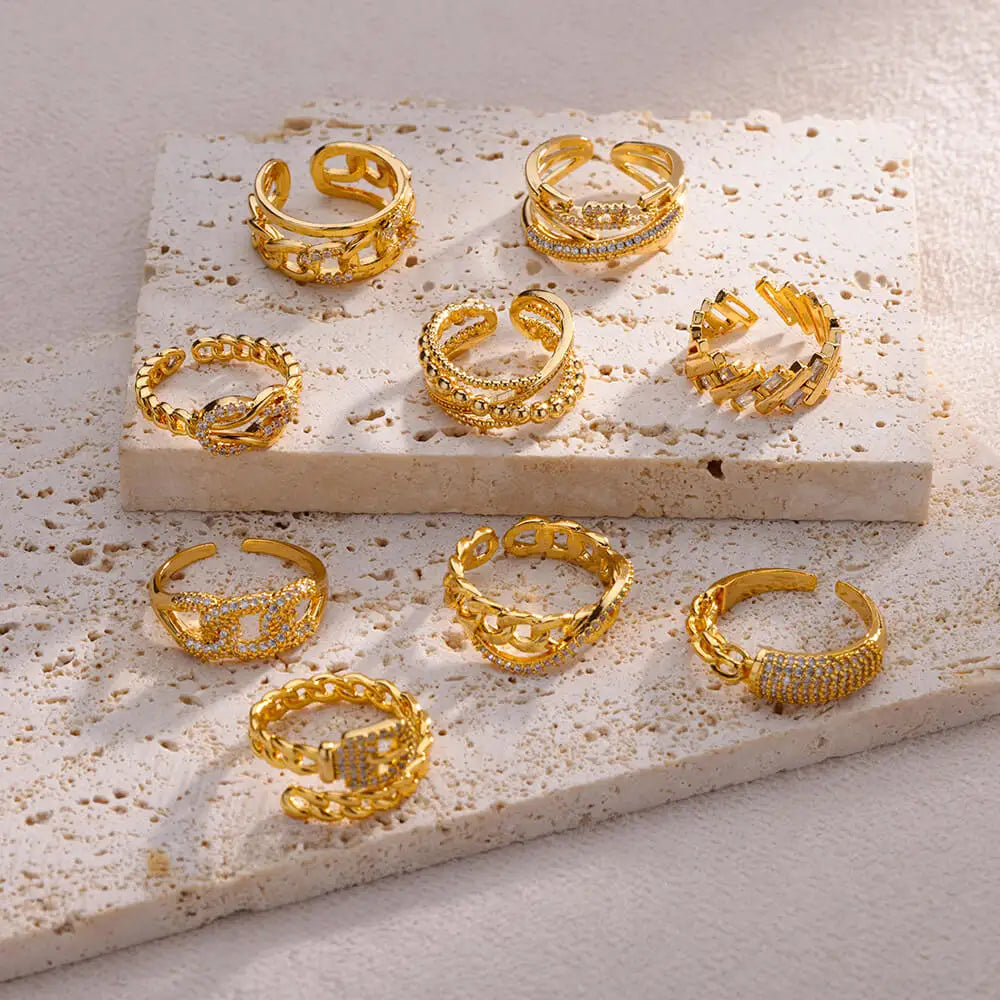 Anillos de acero inoxidable de color dorado a la moda para mujer, cadena hueca de cristal de circón, joyería para dedo, regalo 2023, anillos mujer