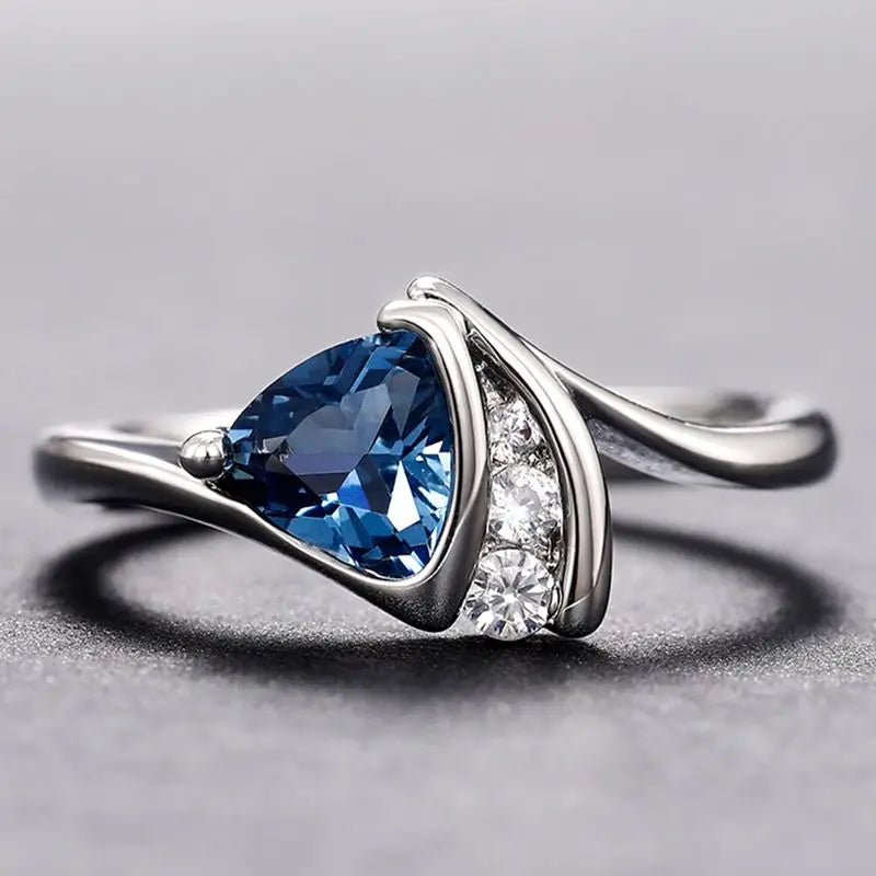 Anillos de plata de ley 925 con circonitas cúbicas azules y diseño de triángulo, para mujer, anillos de compromiso, anillos de boda, joyería de moda