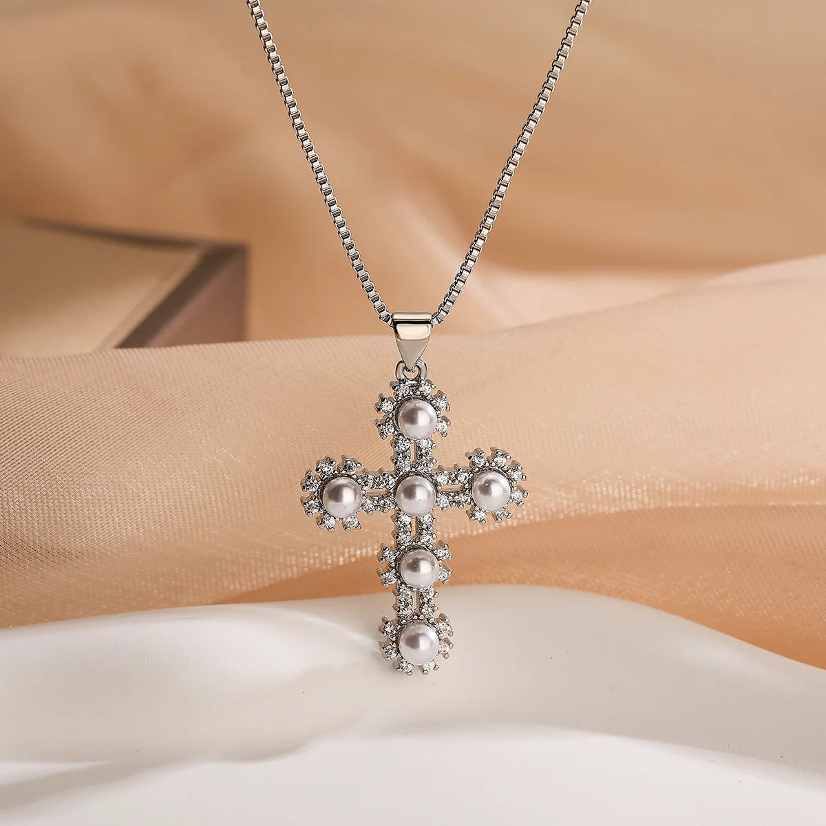 NEWBUY Classic Design Cross Pendant Gold Color 316L Stainless Steel Chain Necklace For Women Luxury Pearl Jewelry