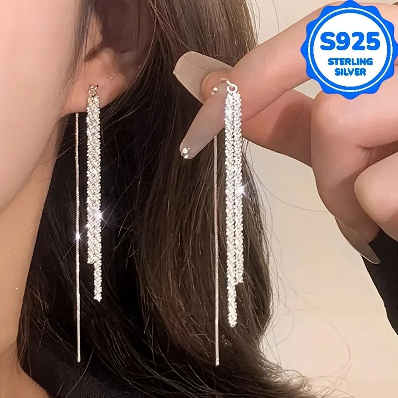 Un par de 2 piezas, pendientes colgantes de moda para mujer, estilo bohemio retro, plata S925 hipoalergénica, pendientes largos brillantes