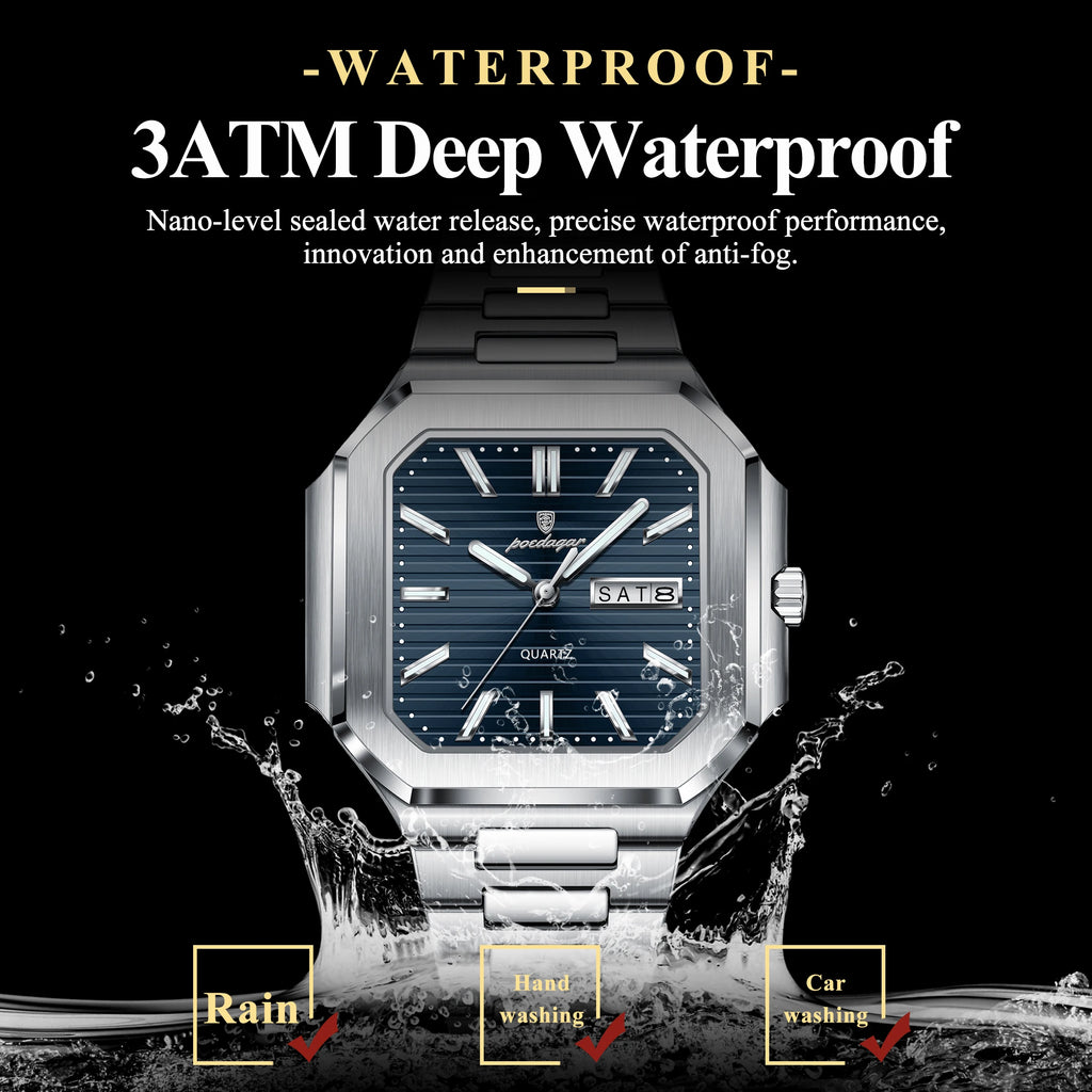 POEDAGAR Reloj de Pulsera Cuadrado de Moda para Hombre, Impermeable, Luminoso, Fecha, Semana, Cuarzo, para Hombre, Reloj de Lujo de Acero Inoxidable para Hombre, Reloj