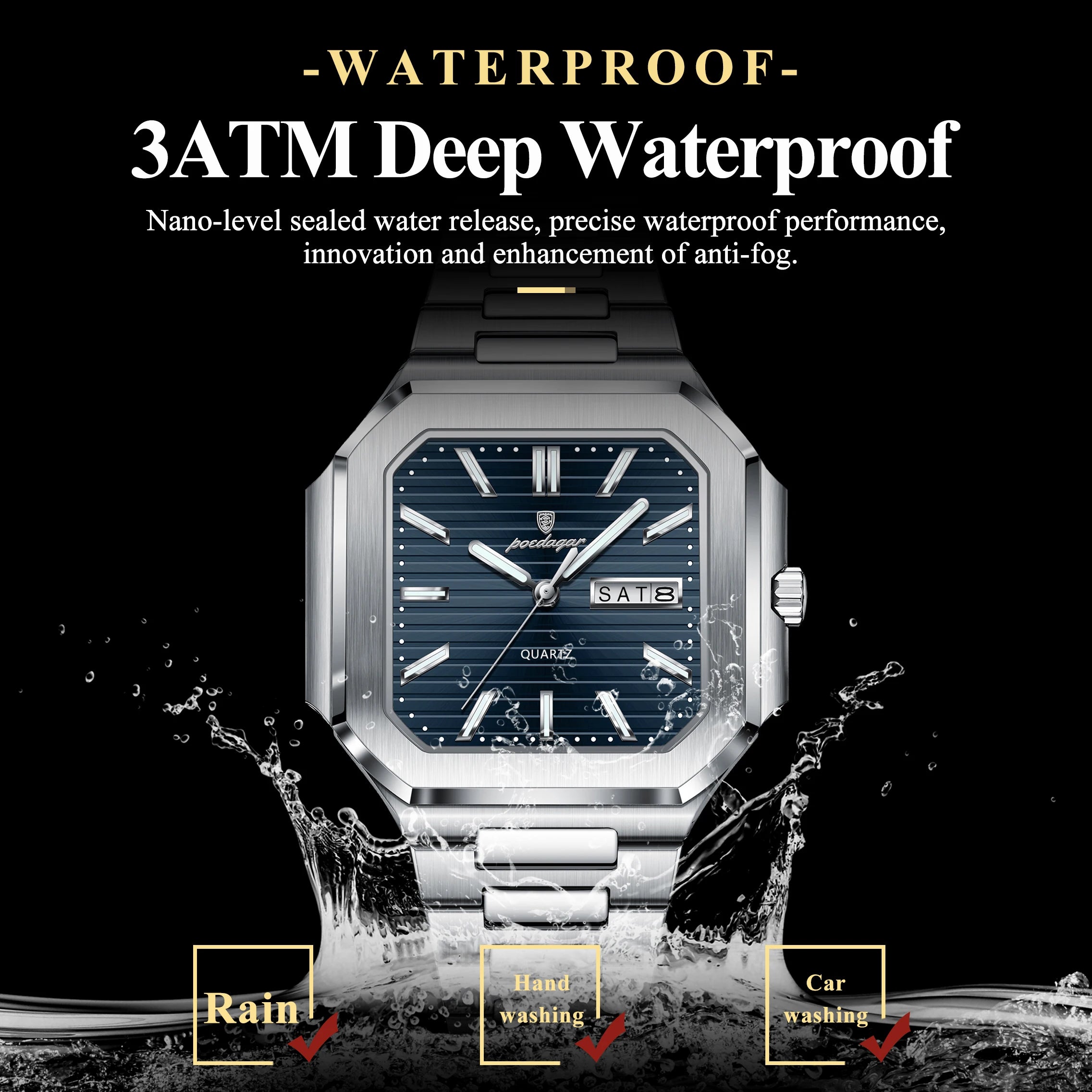 POEDAGAR Reloj de Pulsera Cuadrado de Moda para Hombre, Impermeable, Luminoso, Fecha, Semana, Cuarzo, para Hombre, Reloj de Lujo de Acero Inoxidable para Hombre, Reloj