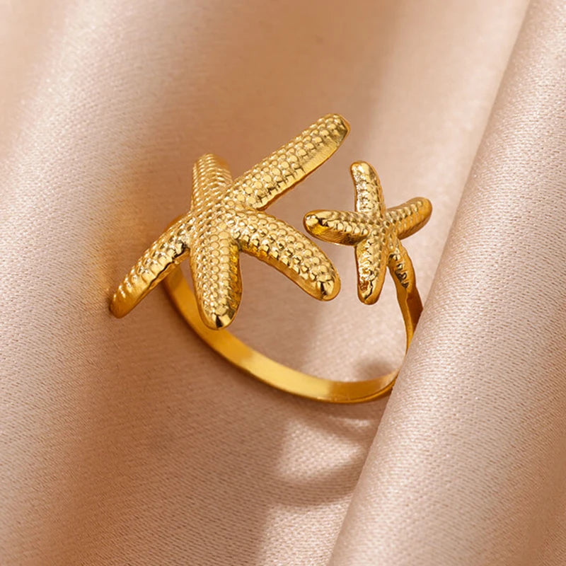 Anillos Abiertos de Acero Inoxidable con Concha de Estrella de Mar para Mujer, Anillo Ajustable Color Oro para Dedo, Joyas de Moda para Vacaciones en el Mar, Regalos