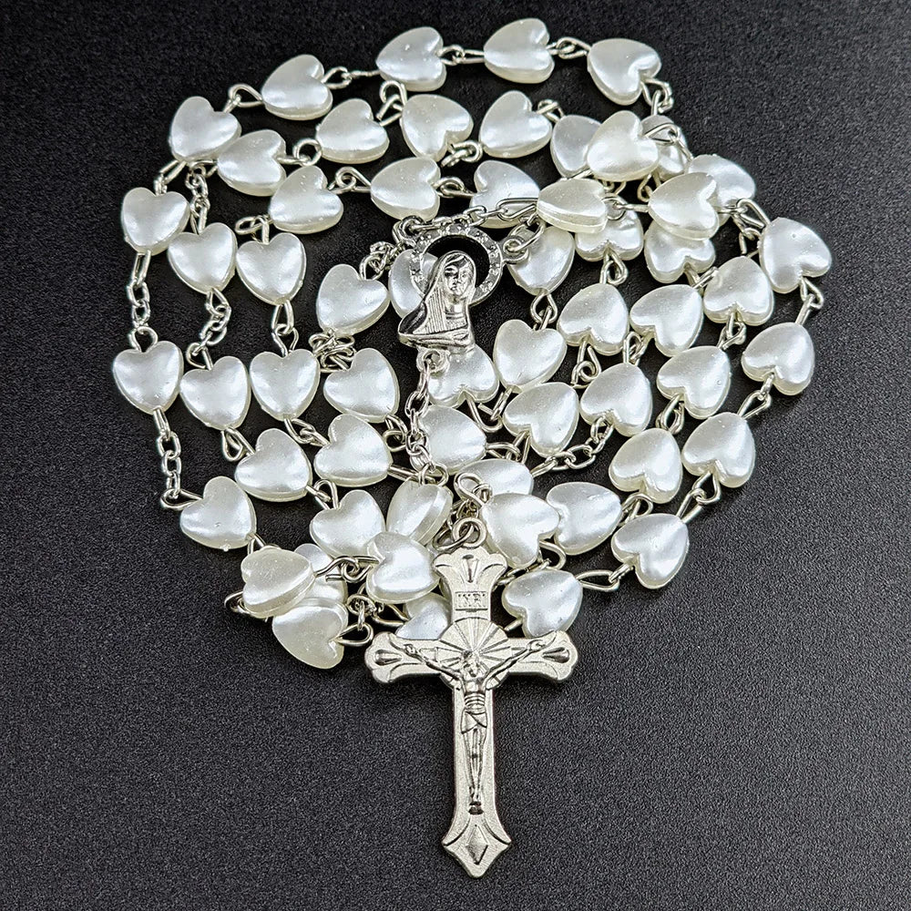 Rosenkranz-Halskette für Frauen, Kreuz INRI, Jungfrau Maria Anhänger, rosa Herz-Kette, weiblicher Religions-Gebets-Party-Schmuck