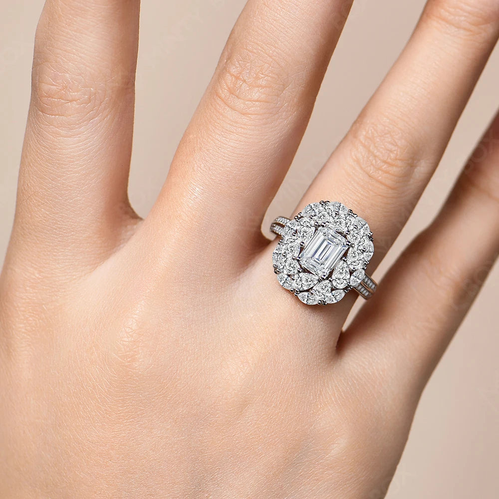 MINTYBOX 2.0ct Blumen-Design Halo Smaragdschliff Verlobungsring Labor-Diamant S925 Silber Moissanit-Ringe für Damen 18K vergoldet
