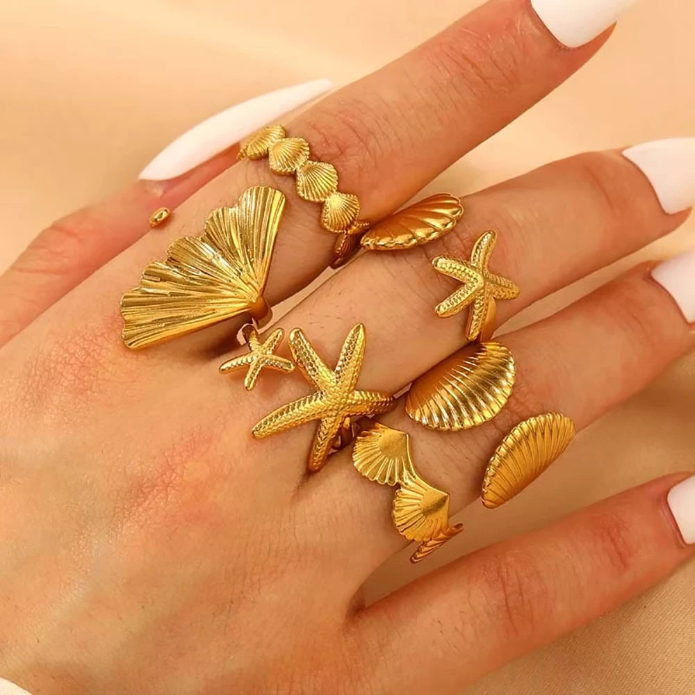 Anillos abiertos de acero inoxidable con conchas de estrellas de mar para mujer, anillo de dedo de color dorado a la moda, joyería de océano para vacaciones de verano en la playa