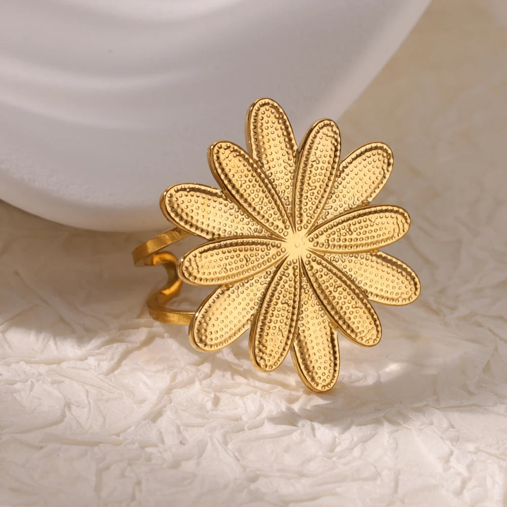 Edelstahl Blume Große Offene Ringe Für Frauen Gold Farbe Nachahmung Perle Hohlring Trendiger Ästhetischer Schmuck Geschenke
