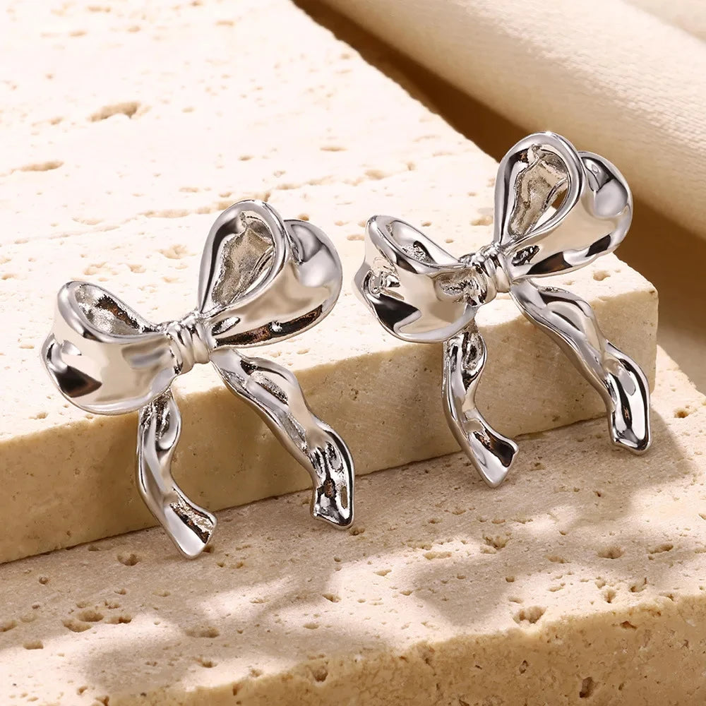 Pendientes de Lazo Vintage de Acero Inoxidable para Mujer, Joyería Elegante, Pendientes de Tuerca de Acero Inoxidable Chapados en Oro, Joyería de Navidad