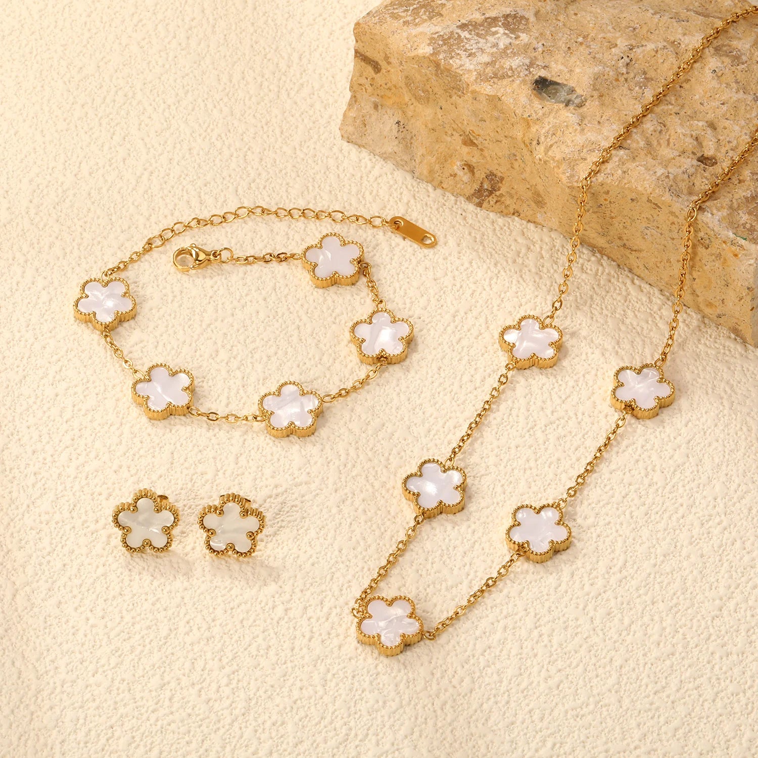 LUXUKISSKIDS Fashion Flower Necklace Earrings Set Jewelry Women Stainless Steel White Shell Clover Bracelet Jewelry Accessories