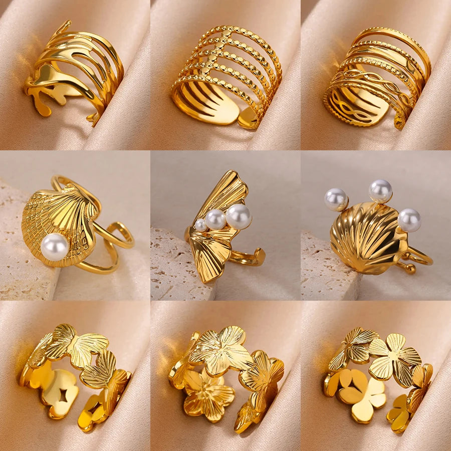 Stainless Steel Flower Rings for Women Gold Color Shell Starfish Multi Layer Hollow Out Ring Fashion Charm Jewelry Wedding Gifts