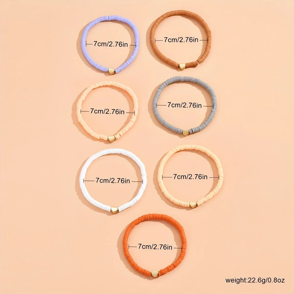 7Pcs Colorful Stackable Anklet Set For Women Heart Charm Soft Clay Pottery Layering Ankle Bracelet Girls Summer Beach Jewelry