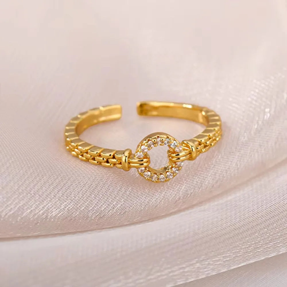 Zirkon-Ketten-Kreuzringe für Damen Vintage Goldfarbe Edelstahl Geometrischer offener Ring Mode Hochzeit Ästhetischer Schmuck Geschenk
