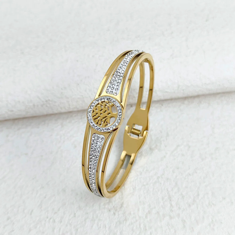 Luxus-Edelstahl-Lebensbaum-Armreif für Frauen und Männer, Kristall-Zirkon-Armband, Silber-Gold-Farbe, Handgelenkschmuck-Accessoires