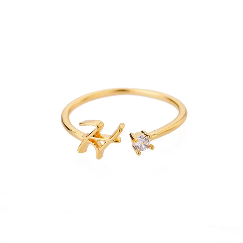 Zirkon-Anfangsbuchstabenring für Damen, Edelstahl, Goldfarben, Alphabet, offener Ring, trendiger Hochzeitstags-, Ästhetik-Schmuck