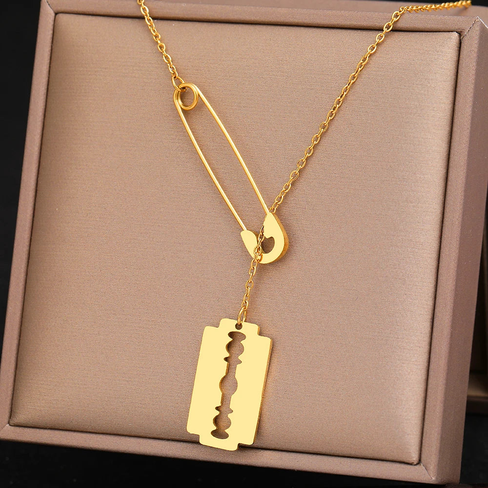 Stainless Steel Necklaces Paperclip Design Gothic Hip Hop Blade Pendants Chains Choker Necklace For Women Jewelry