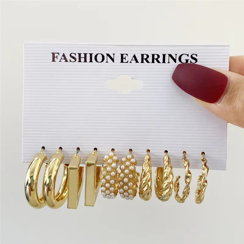Modische geometrische Creolen Set für Damen Vintage Böhmische Perle Goldfarbe Runde Ohrringe Punk Alltagsschmuck Geschenke 2025