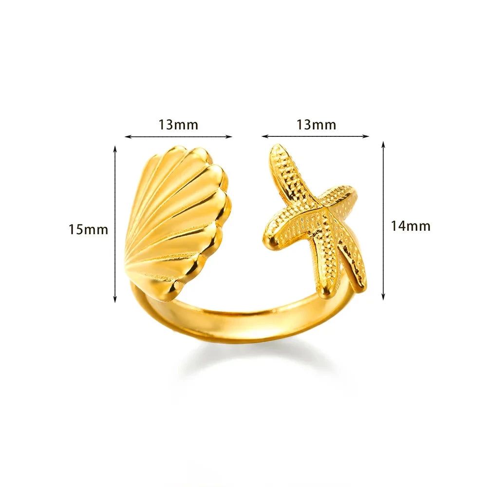 Vintage Muschel-Seestern-Ringe für Damen, goldfarben, Edelstahl, Muschel, Ozean, offener Ring, Hochzeit, Sommer-Schmuckgeschenk