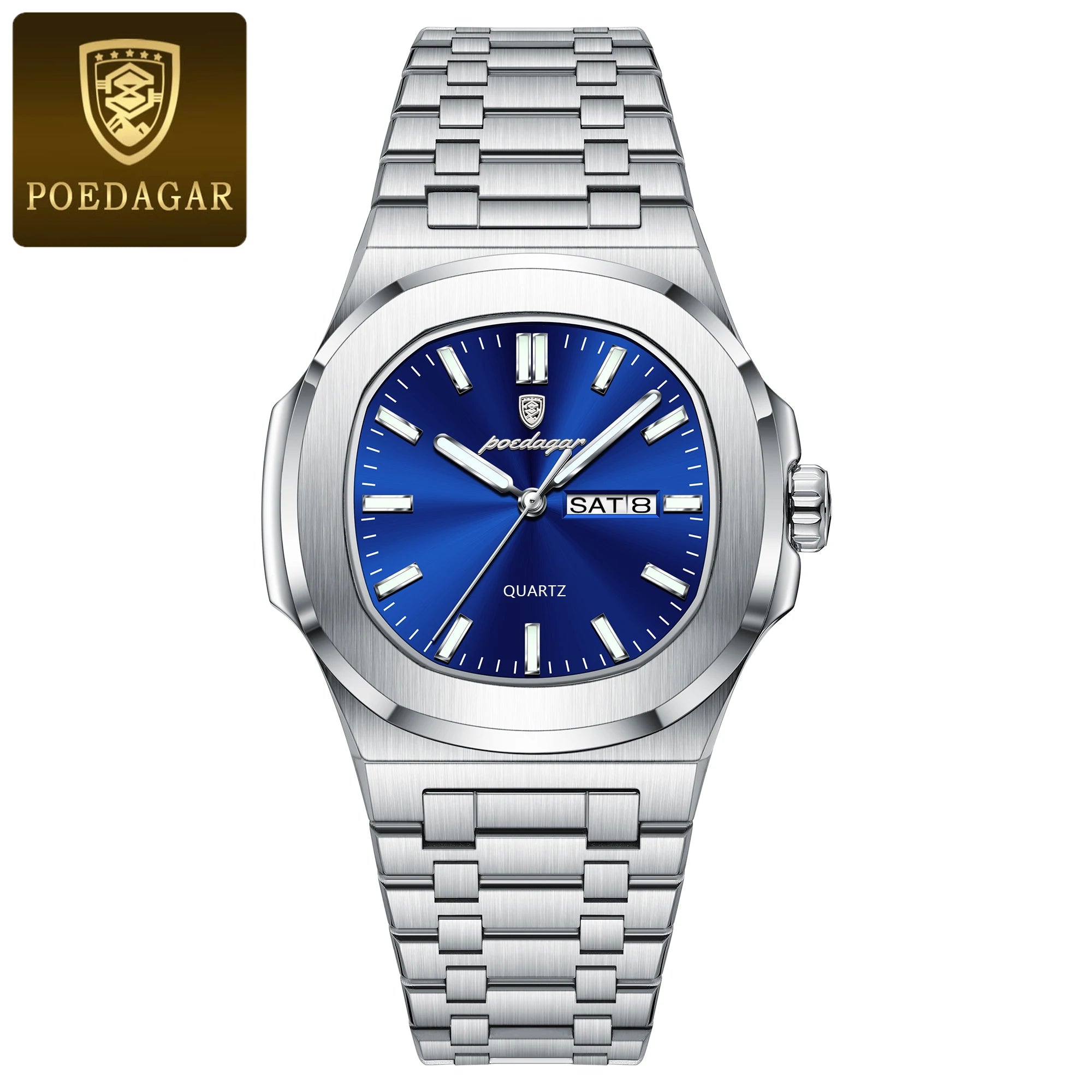 POEDAGAR Reloj de Pulsera Casual de Moda para Hombres Fecha y Día Acero Inoxidable Reloj de Hombre Luminoso Impermeable Lujo Cuarzo Relojes de Hombre+Caja