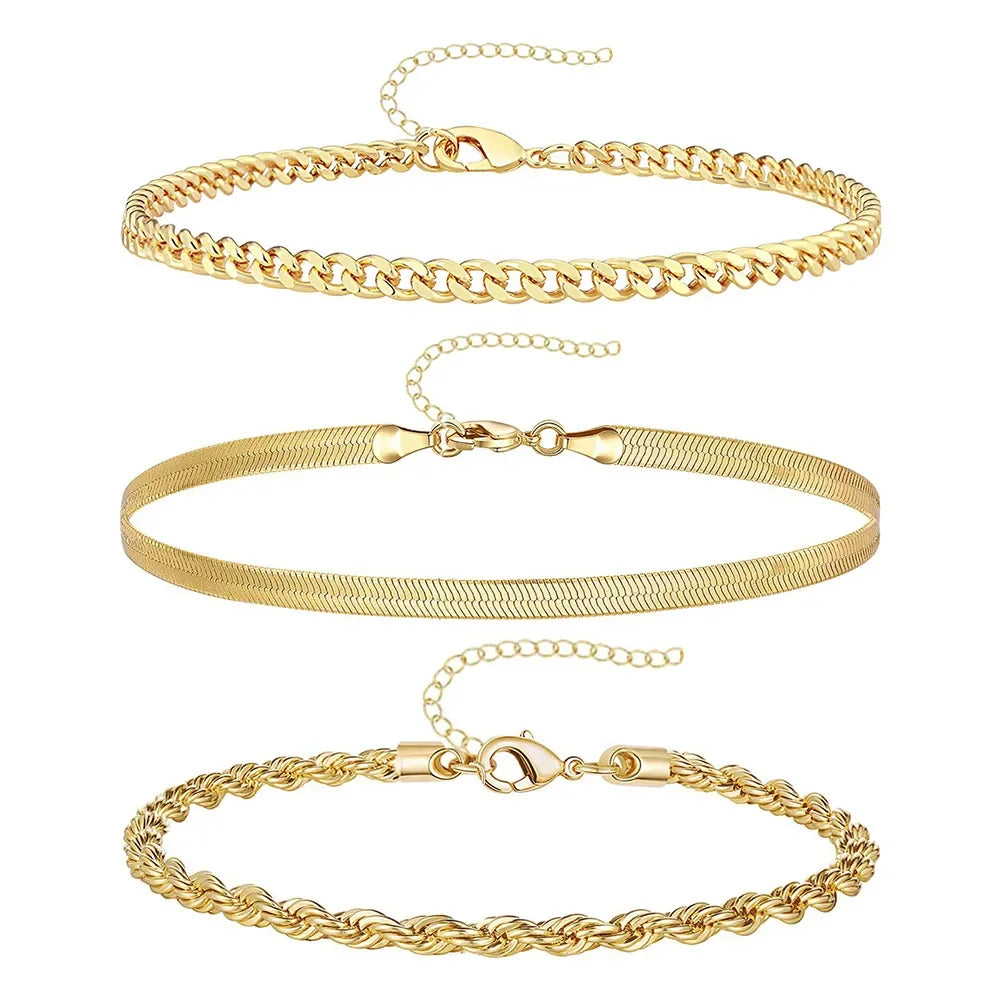 3tlg. Edelstahl Strand-Fußkettchen-Set für Damen, wasserdicht, Schlangen-Gedrehte Seilkette, Fußschmuck, Mädchen, Sommer-Knöchelarmband