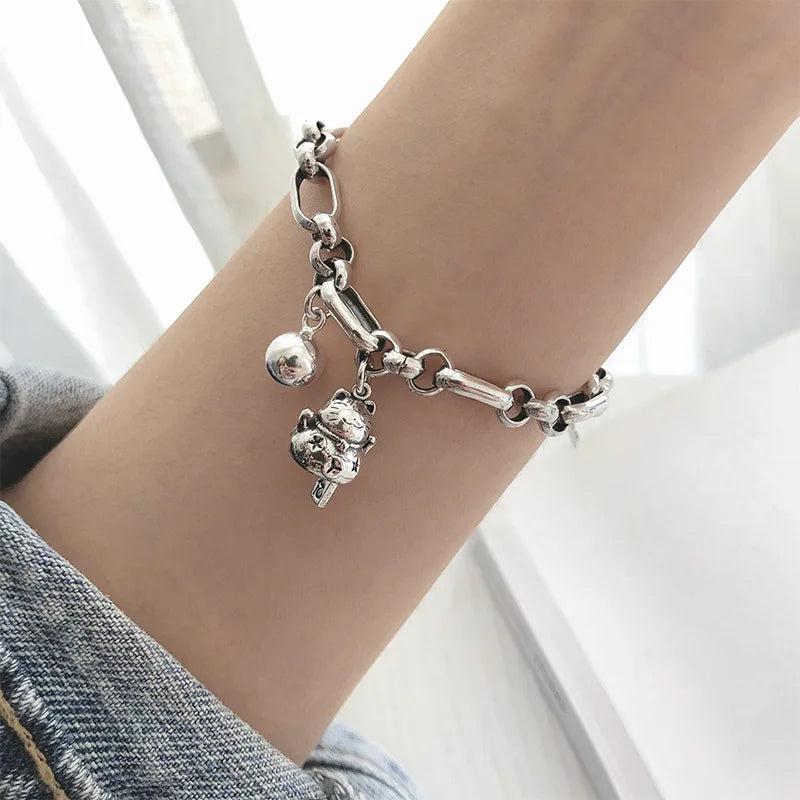 Sterling Silver plated Thai Silver Bracelet for Women Vintage Geometric Heart Love Lucky Punk Jewelry 2023 New Dropship