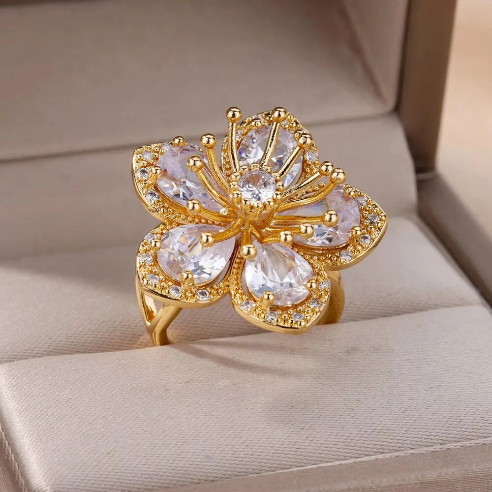 Bunte Zirkon-Doppelblumenringe für Damen, vergoldeter Edelstahl, Blumenöffnungsring, Hochzeit, ästhetischer Schmuck, Geschenk 2023