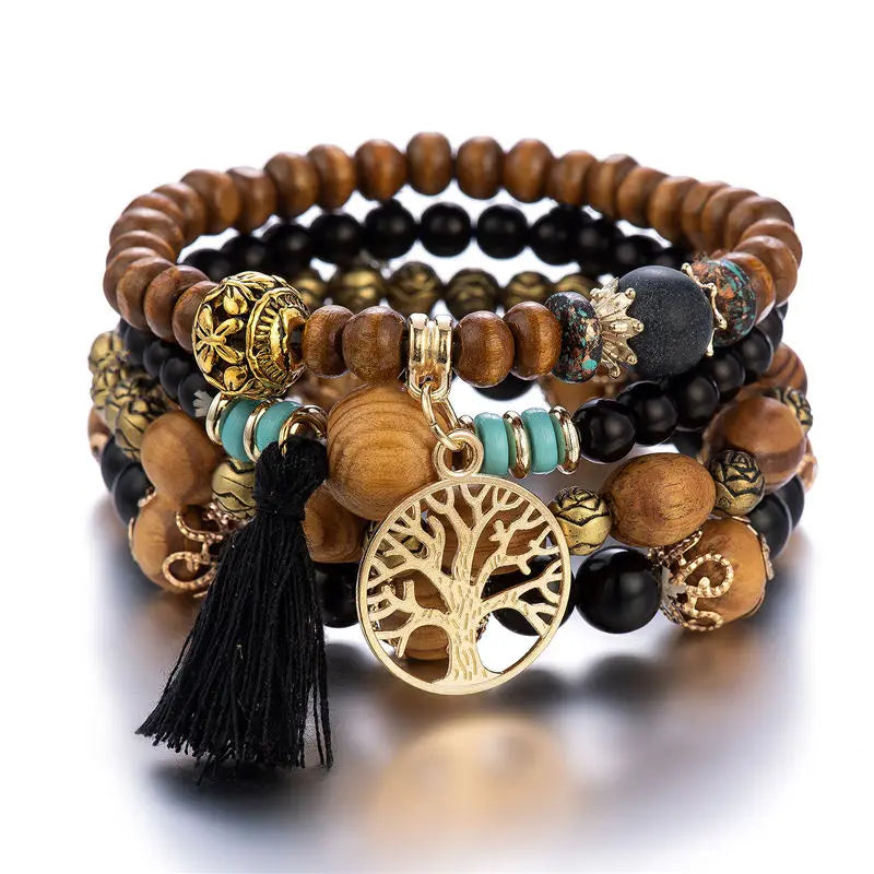 4 Stück Bohemia Lebensbaum Charm Perlenarmband Set für Damen Handgemachte Holzperlen Kette Armreif Weiblicher Boho Schmuck