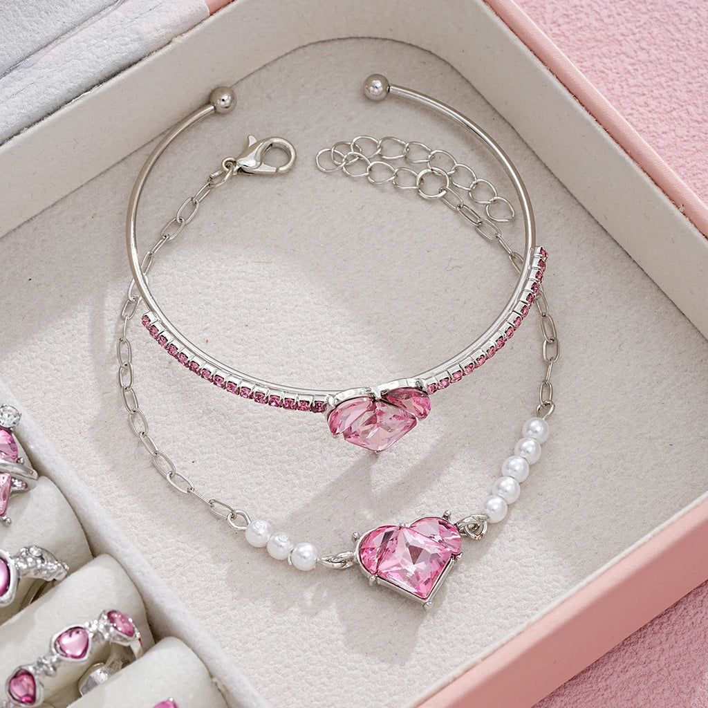 14-teiliges rosa Kristall-Herz-Anhänger-Halsketten-Ohrringe-Ring-Armband-Sets für Frauen Mädchen Mode Schmuck-Set Hochzeitsschmuck-Geschenk