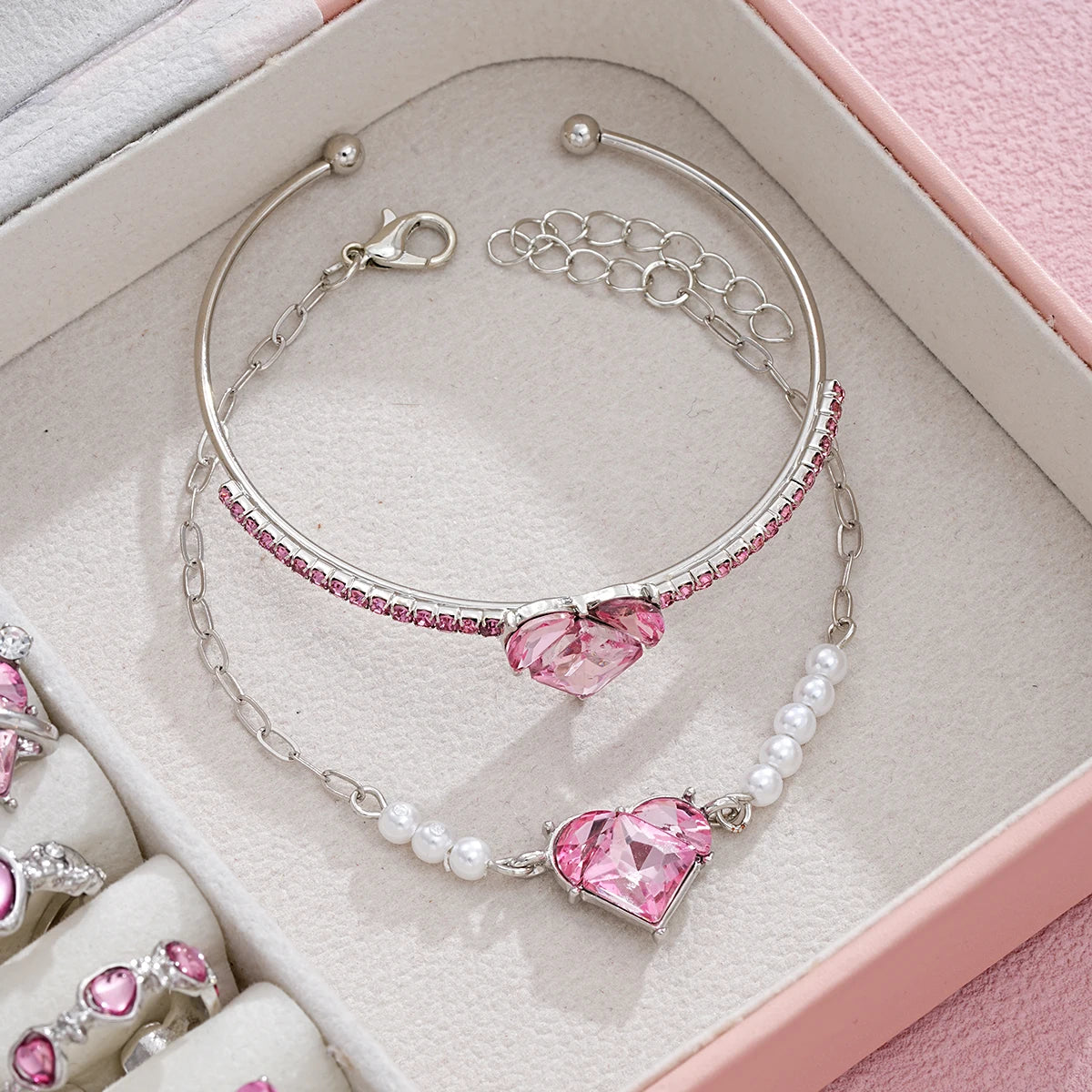 14-teiliges rosa Kristall-Herz-Anhänger-Halsketten-Ohrringe-Ring-Armband-Sets für Frauen Mädchen Mode Schmuck-Set Hochzeitsschmuck-Geschenk