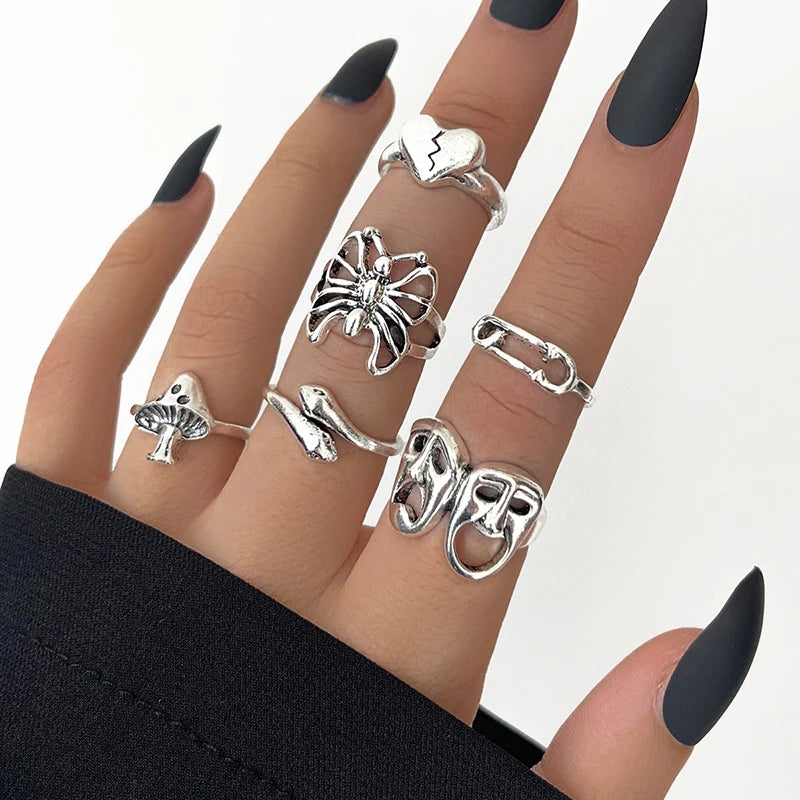 Anillo de elementos múltiples de metal estilo Punk vintage para mujer y hombre, anillos de dedo de calavera de serpiente mariposa de Color plata antigua, joyería gótica