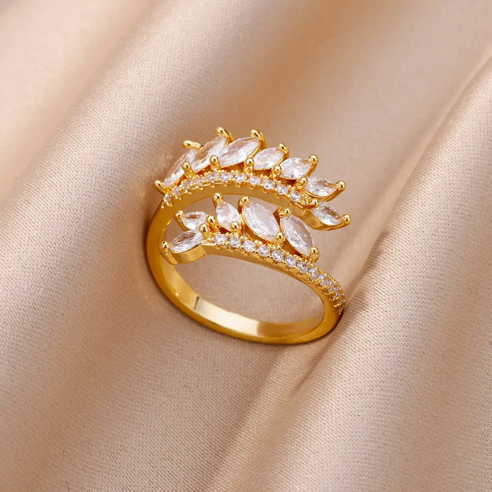 Goldfarbene Zirkonia-Ringe für Damen Offener Edelstahl Grüner Luxus-Kristall-Fingerring Boho Schmuck Hochzeitsfeier Geschenk