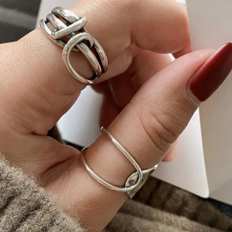 Anillo Nudo Cadena Plata de Ley 925 para Mujer, Anillo Ancho de Diseño Geométrico Rock Punk, Regalo de Joyería, Venta al por Mayor y Dropshipping