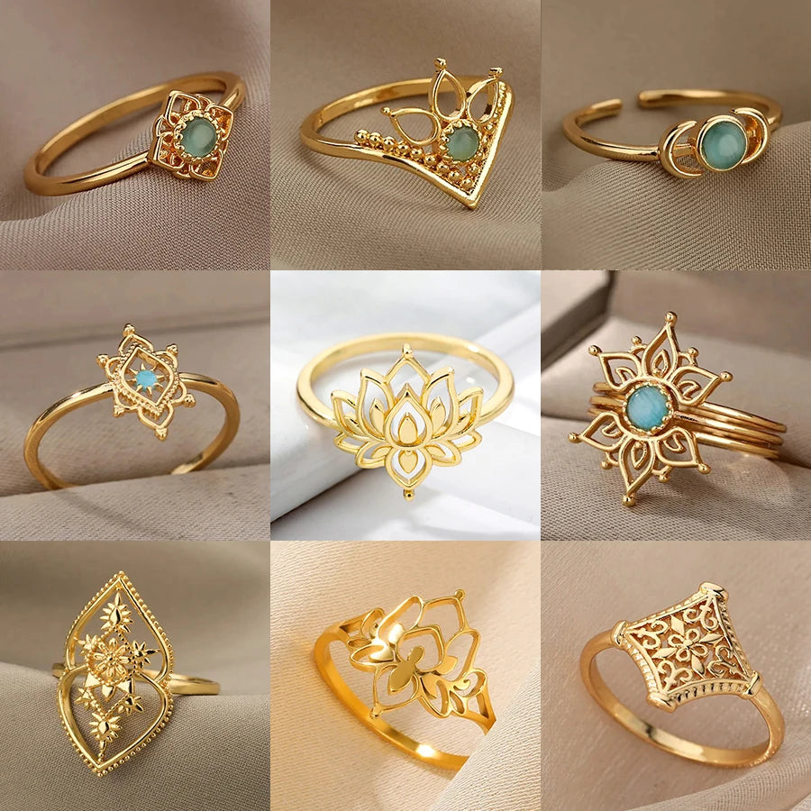 Edelstahl Lotusblumenring für Frauen, goldfarben, Vintage-Stein, Opal, ovaler Blumenring, modischer ästhetischer Schmuck, Geschenk
